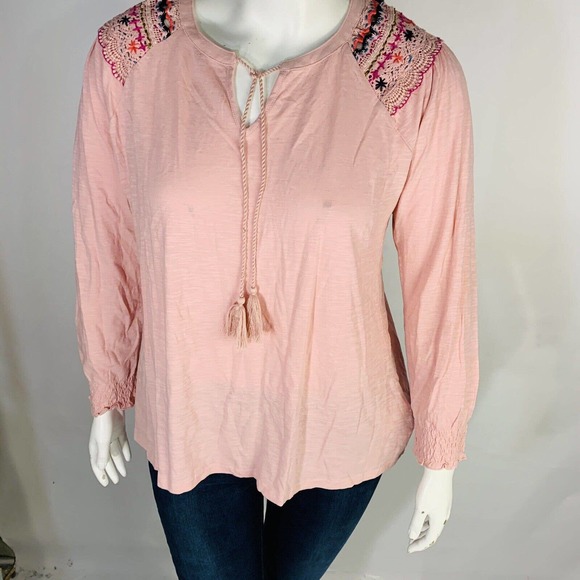 New Style & Co Plus Size 1X Cotton Lace-Trim Peasant Top Hibiscus Pink NWT - Picture 4 of 8